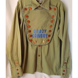 Crazy Cowboy Vintage Men's Green Long Sleeve Shirt with Logo Bib Size Large